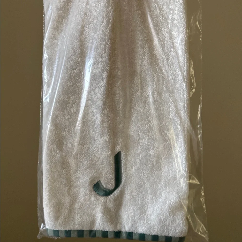 Anthropologie Monogrammed Embroidered Green and White‎ Towel